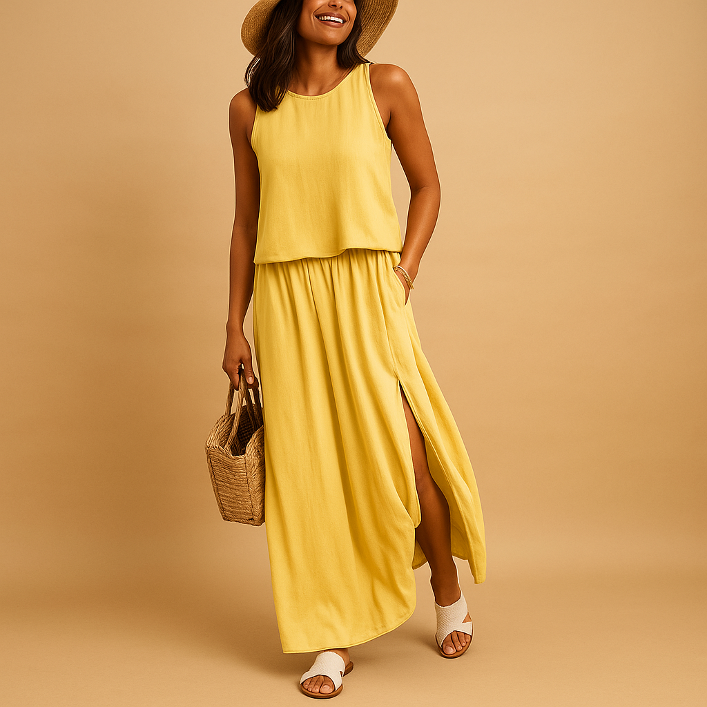 Lightweight summer dress for women named Amelia, featuring a loose knee-length fit with short sleeves, perfect for casual days or chic occasions.