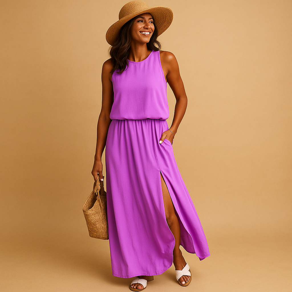 Lightweight summer dress for women named Amelia, featuring a loose knee-length fit with short sleeves, perfect for casual days or chic occasions.