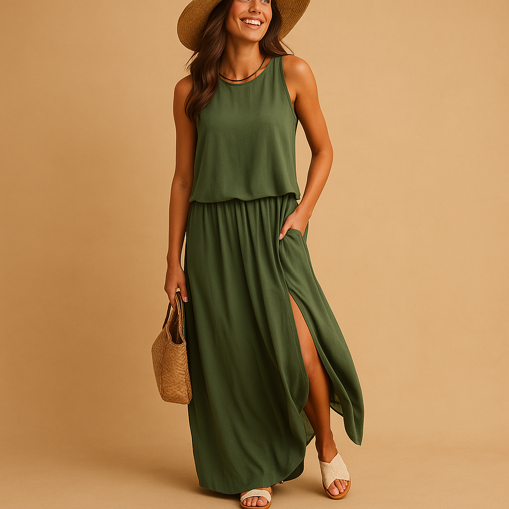 Lightweight summer dress for women named Amelia, featuring a loose knee-length fit with short sleeves, perfect for casual days or chic occasions.