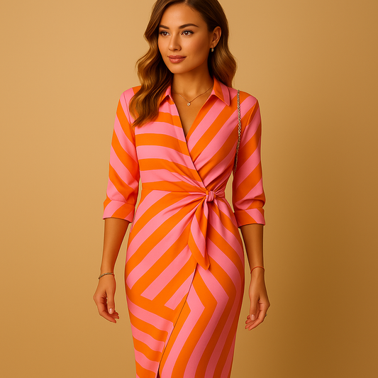 Lightweight wrap dress with collar for women featuring an adjustable tie closure and breathable fabric. Ideal for summer brunches, casual outings, or semi-formal occasions.