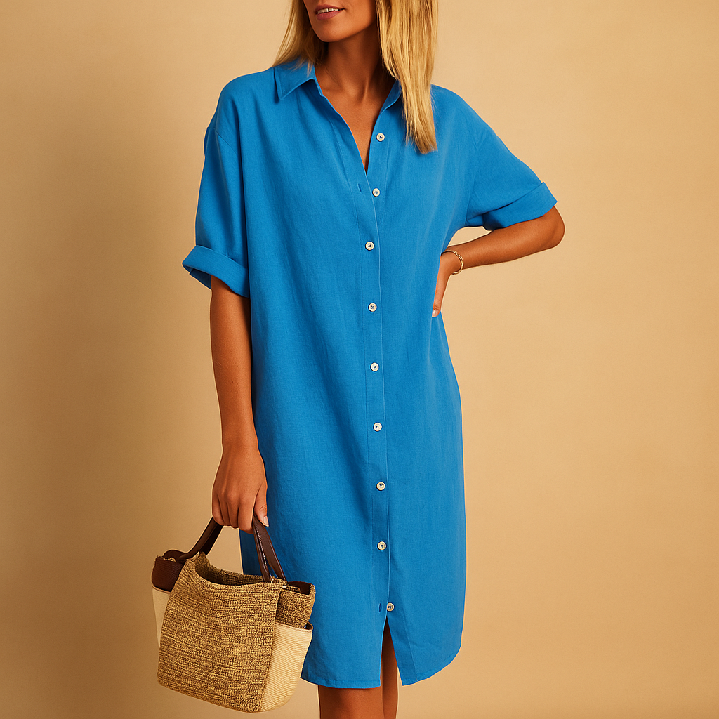 Long shirt dress for women with short sleeves and classic fit, ideal for summer days, office wear, or parties.