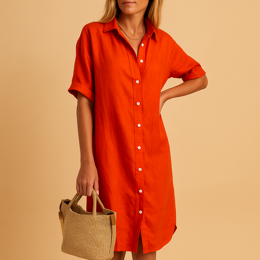 Long shirt dress for women with short sleeves and classic fit, ideal for summer days, office wear, or parties.