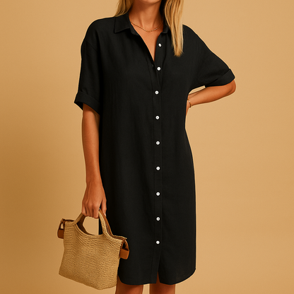 Long shirt dress for women with short sleeves and classic fit, ideal for summer days, office wear, or parties.