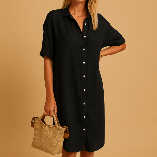 Long shirt dress for women with short sleeves and classic fit, ideal for summer days, office wear, or parties.