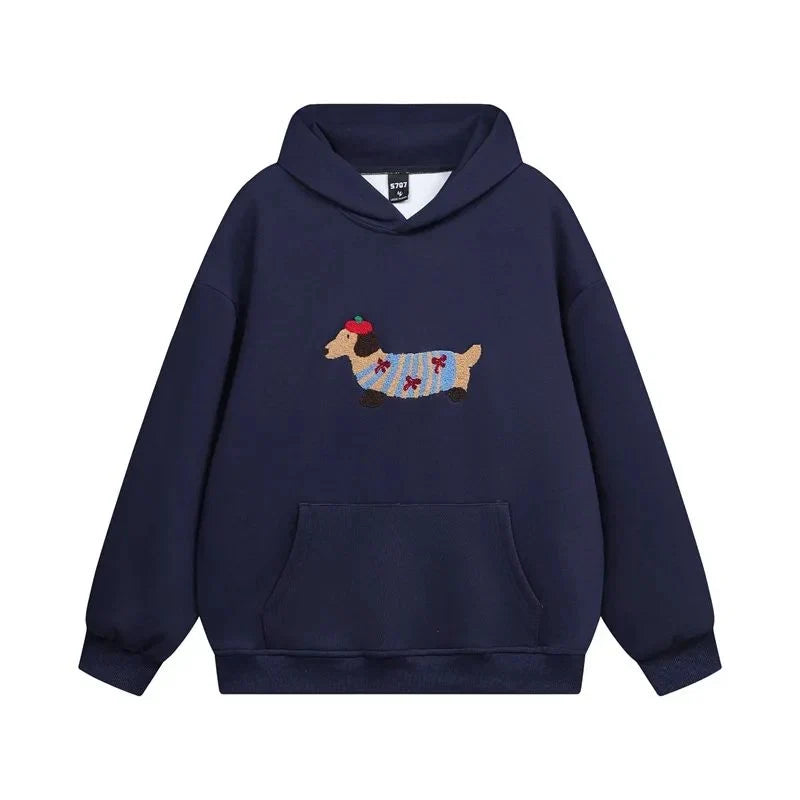 Women's Oversized Embroidered Dachshund Cotton Blend Autumn Hoodie