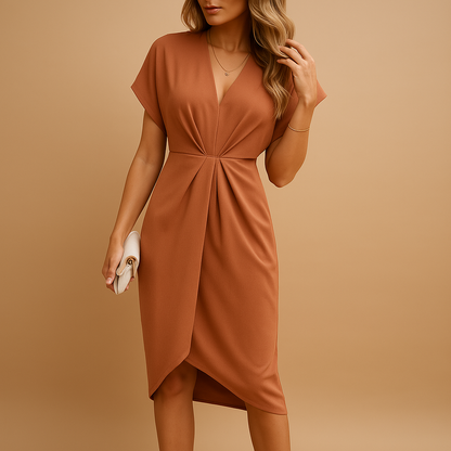 Elegant midi wrap dress for women with timeless silhouette, perfect for work, dinner dates, and versatile everyday styling.