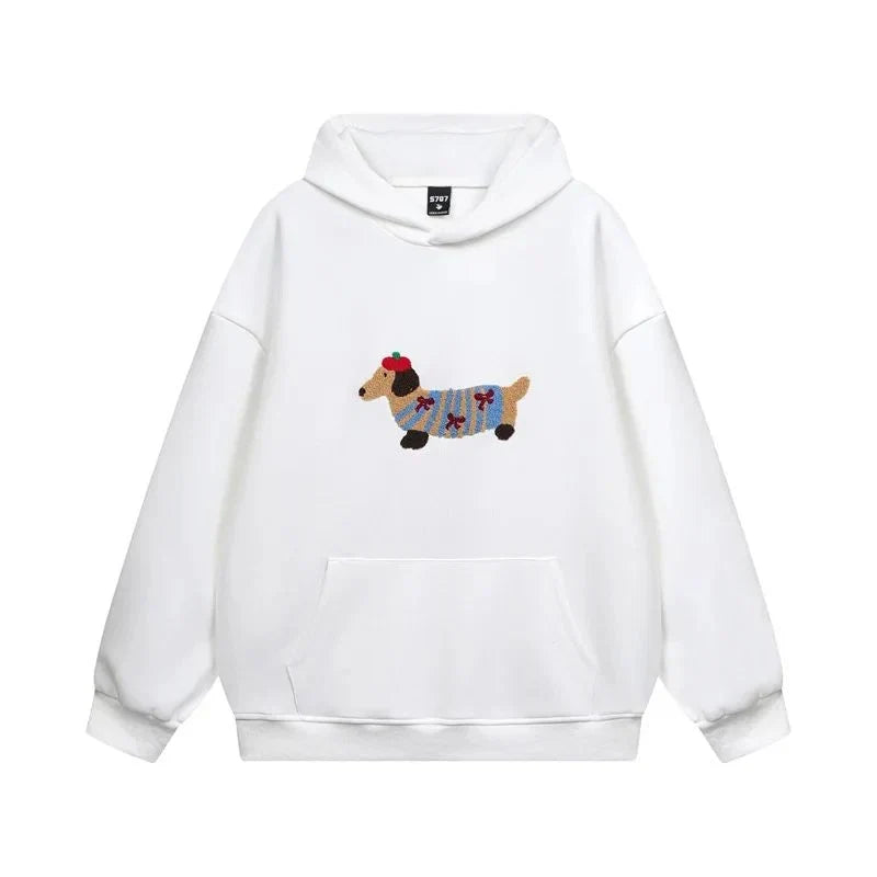 Women's Oversized Embroidered Dachshund Cotton Blend Autumn Hoodie
