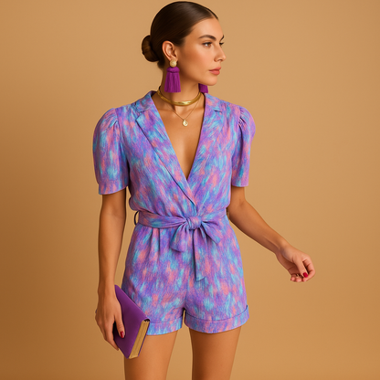 Women’s short summer jumpsuit with vibrant print and belted waist, perfect for warm days, beach trips, and evening occasions.