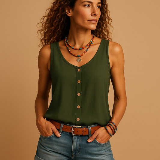 Sleeveless summer top for women with V-neck and pockets, ideal for warm days and casual versatile outfits.