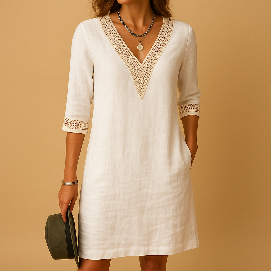 Summer V-neck dress for women with lace details and three-quarter sleeves, perfect for beach days and casual summer outings.