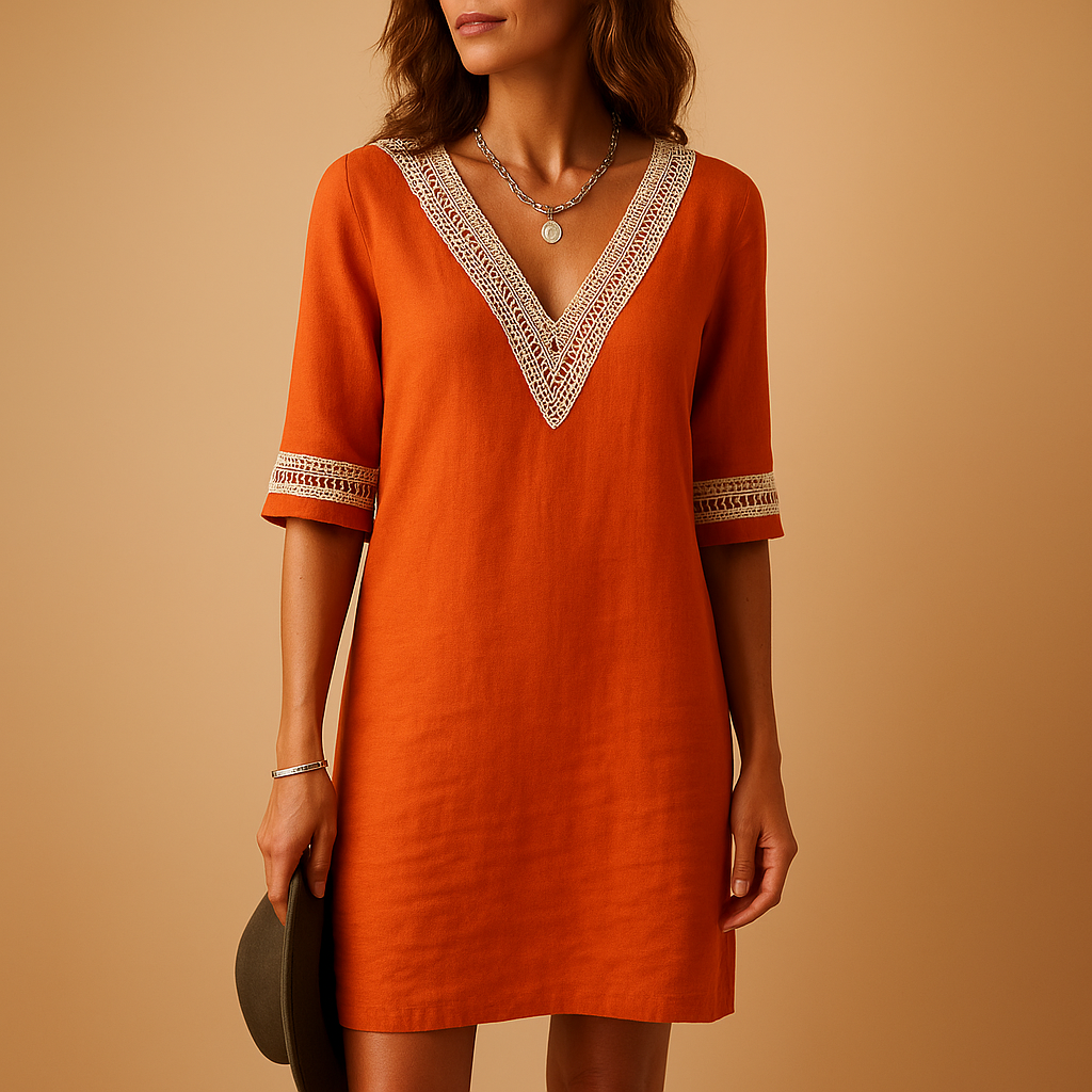 Summer V-neck dress for women with lace details and three-quarter sleeves, perfect for beach days and casual summer outings.