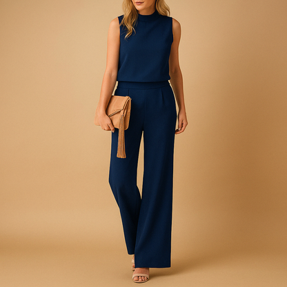 Elegant women’s jumpsuit with round neckline and wide legs in pink, red, blue, or black, ideal for office wear and evening occasions.