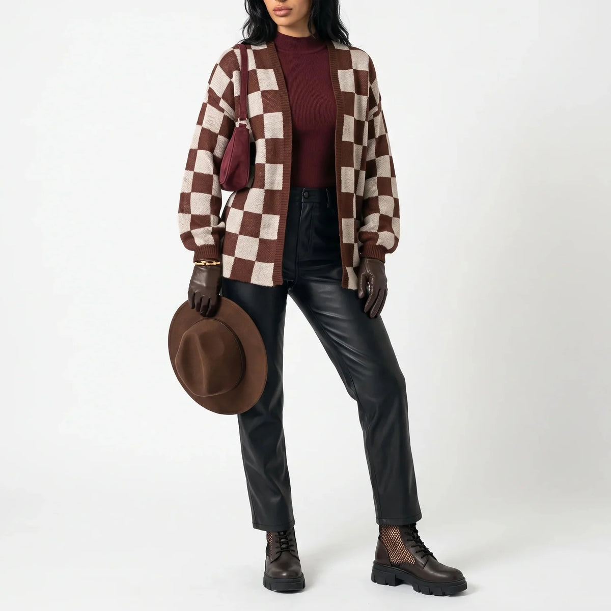 Women's Relaxed Fit Checkerboard Knit Autumn Cardigan