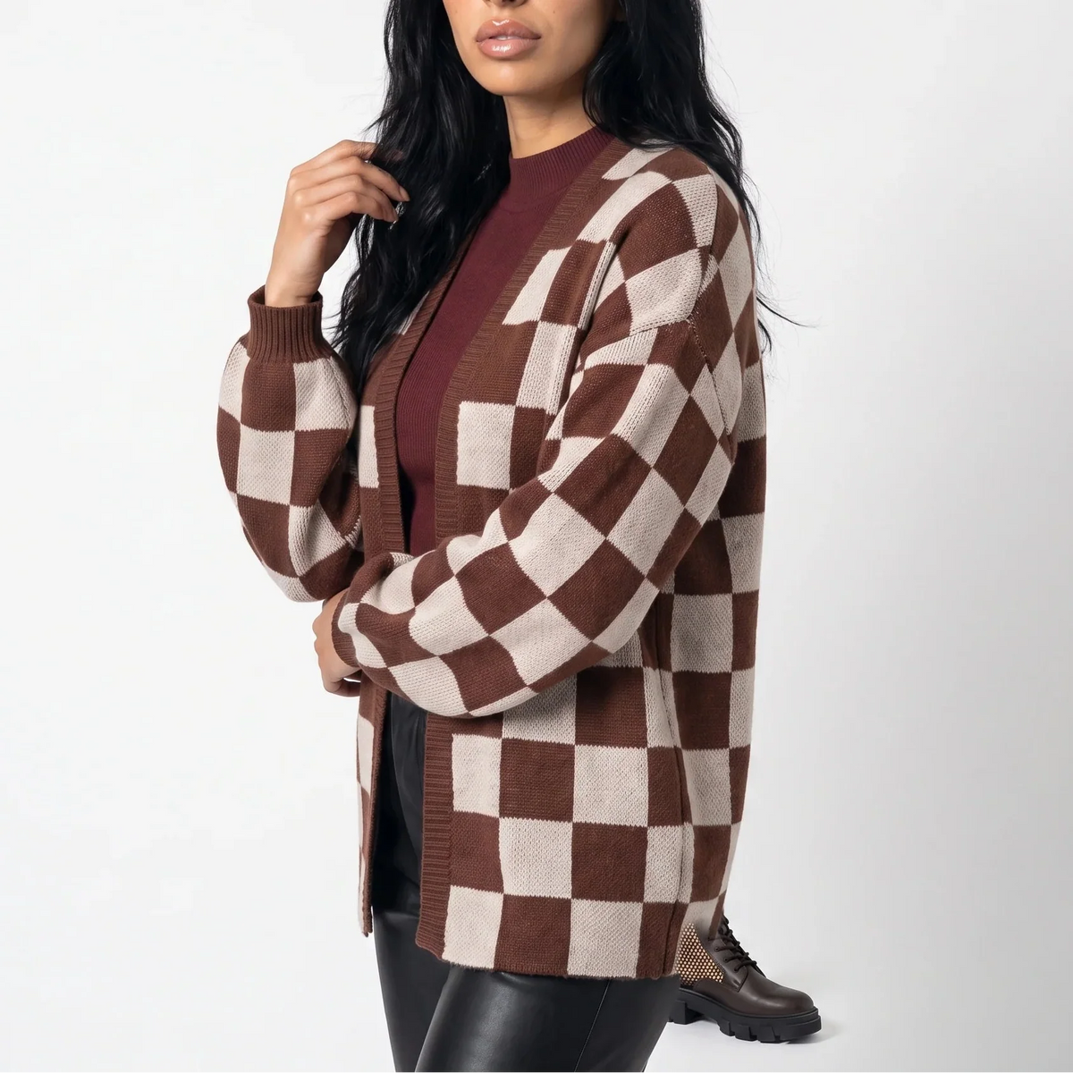 Women's Relaxed Fit Checkerboard Knit Autumn Cardigan