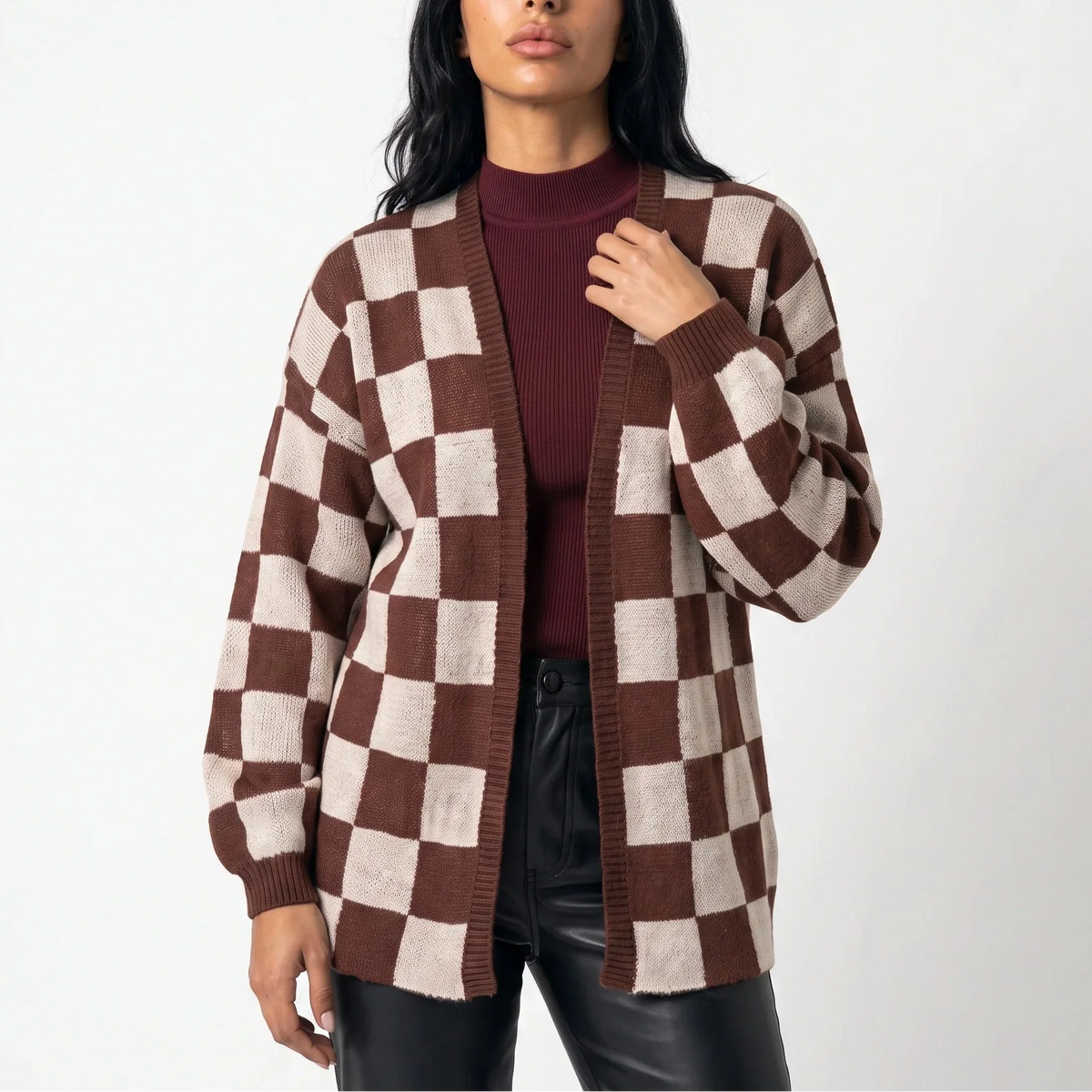 Women's Relaxed Fit Checkerboard Knit Autumn Cardigan